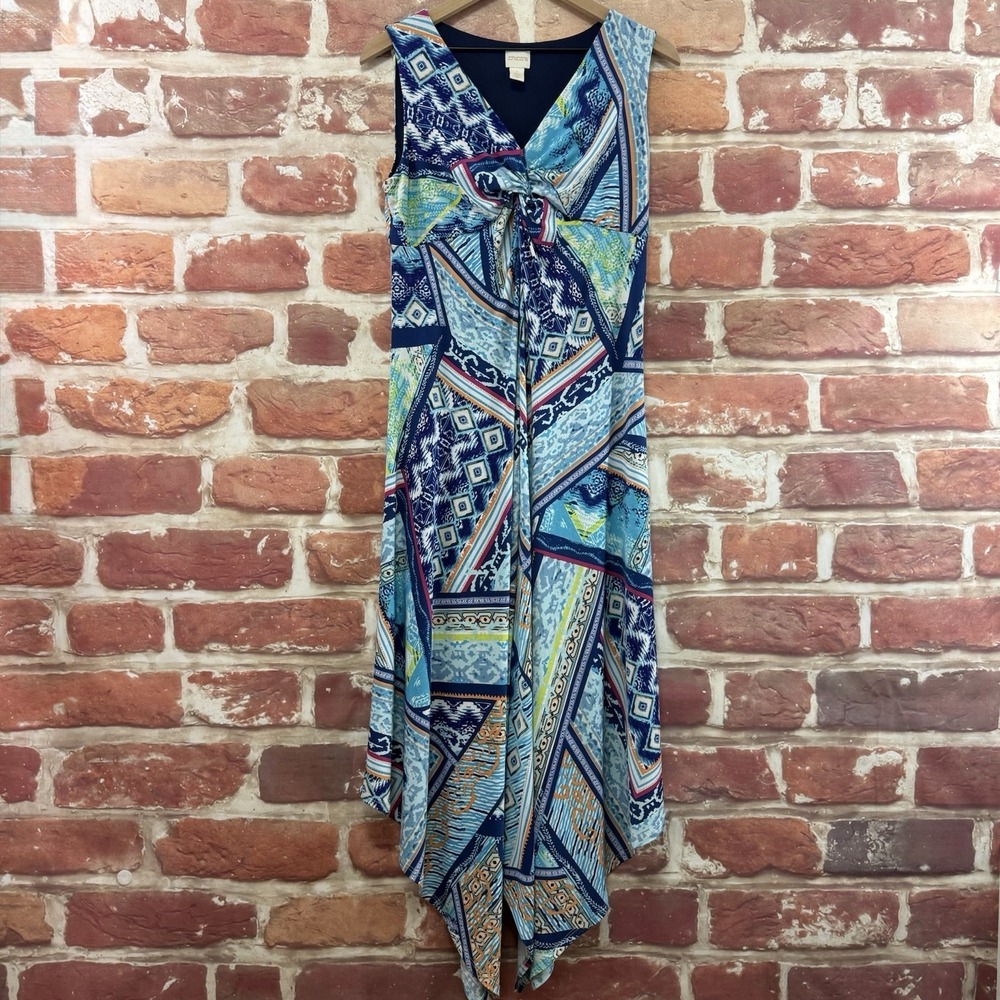 Chicos Maxi Dress Womens M Multicolor Boho Abstract Stretchy Twist Neck Sundress - Picture 7 of 9